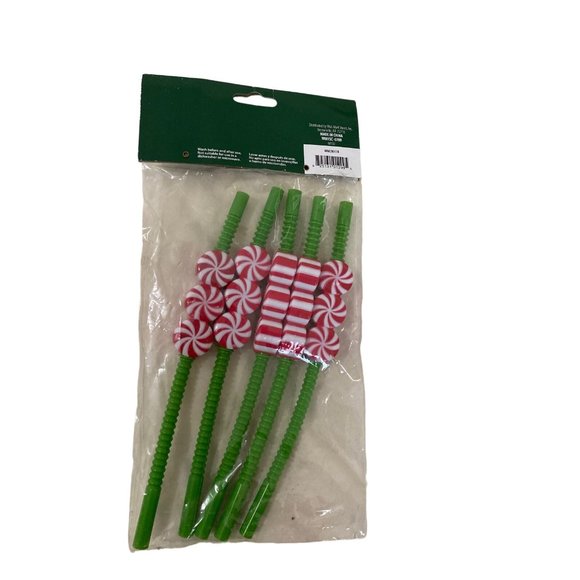 NIP Christmas Holiday Time 5 Drinking Straws Green Peppermint Candy Decoration - Picture 2 of 2